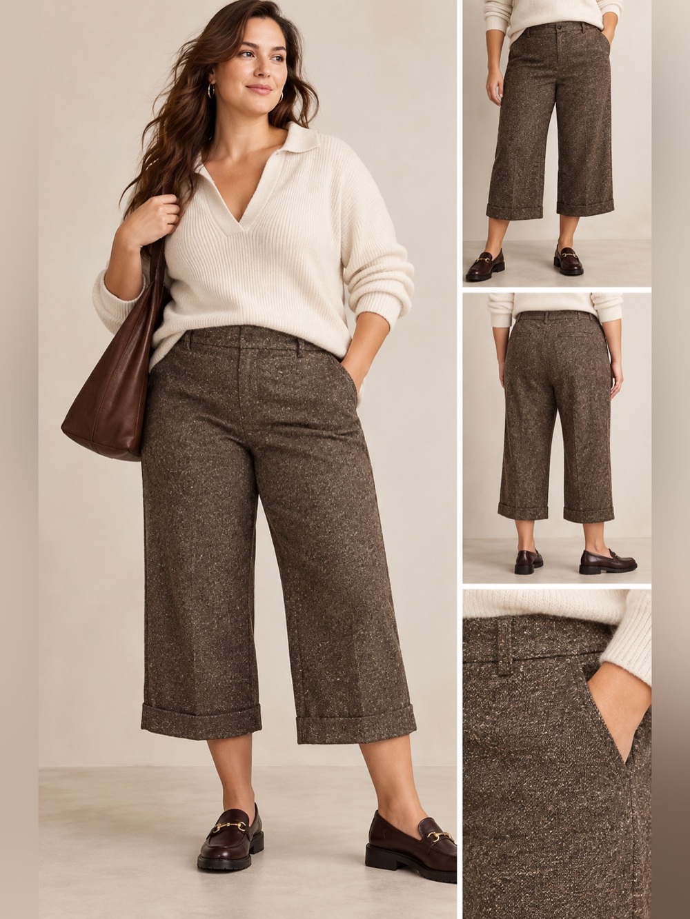 GAP Dress Pants Womens Size 16 Brown Tweed Cropped Capri Lined Cuffed Hem